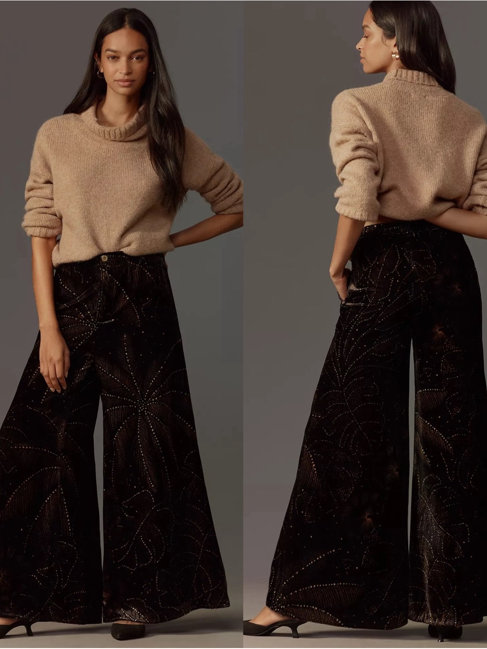 Farm Rio x Anthropologie Wide Leg Embellished Velvet Pants
